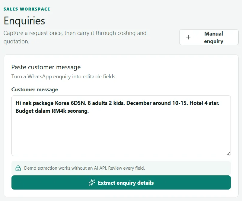 Enquiry capture from a pasted message